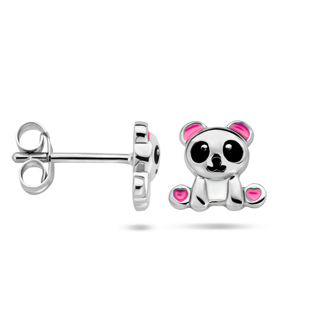 Zilveren panda oorknoppen met emaille – kindersieraad