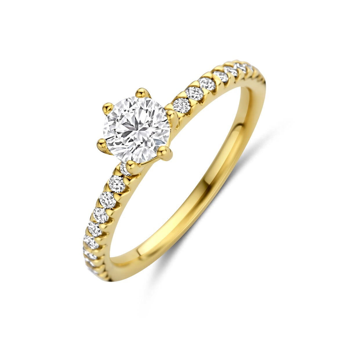 Bague en or jaune 14 carats avec diamant lab grown et pavé de diamants.