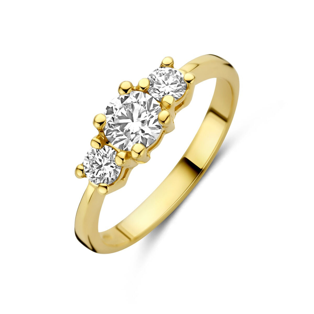 Bague en or jaune 14 carats avec trois diamants ronds en lab-grown.