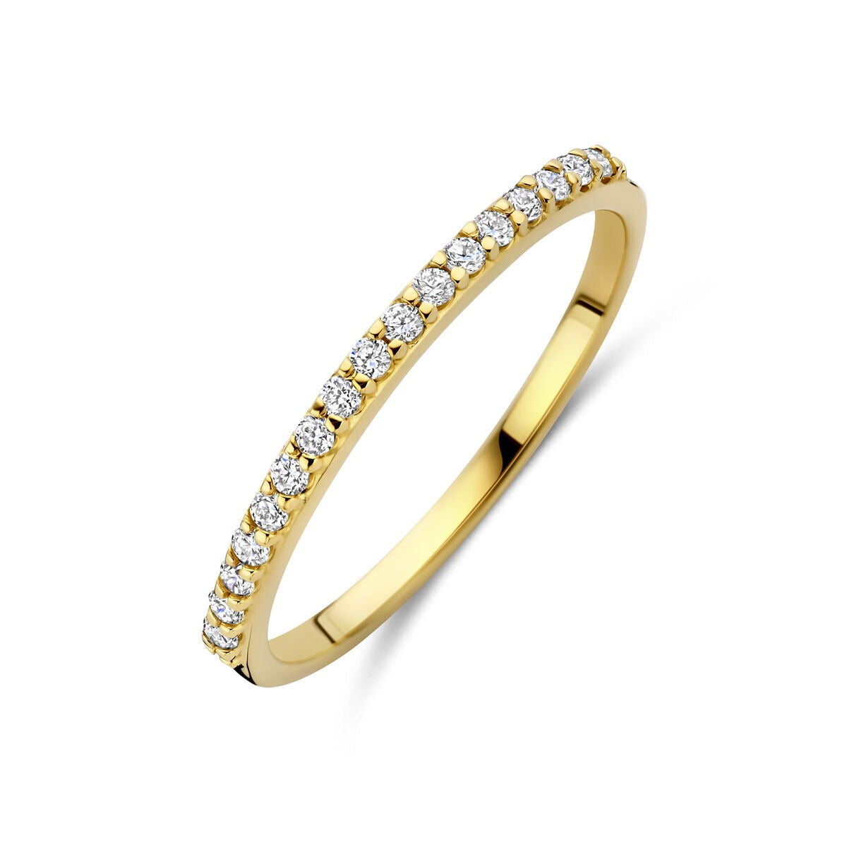 Bague en or jaune 14 carats ornée de diamants synthétiques.
