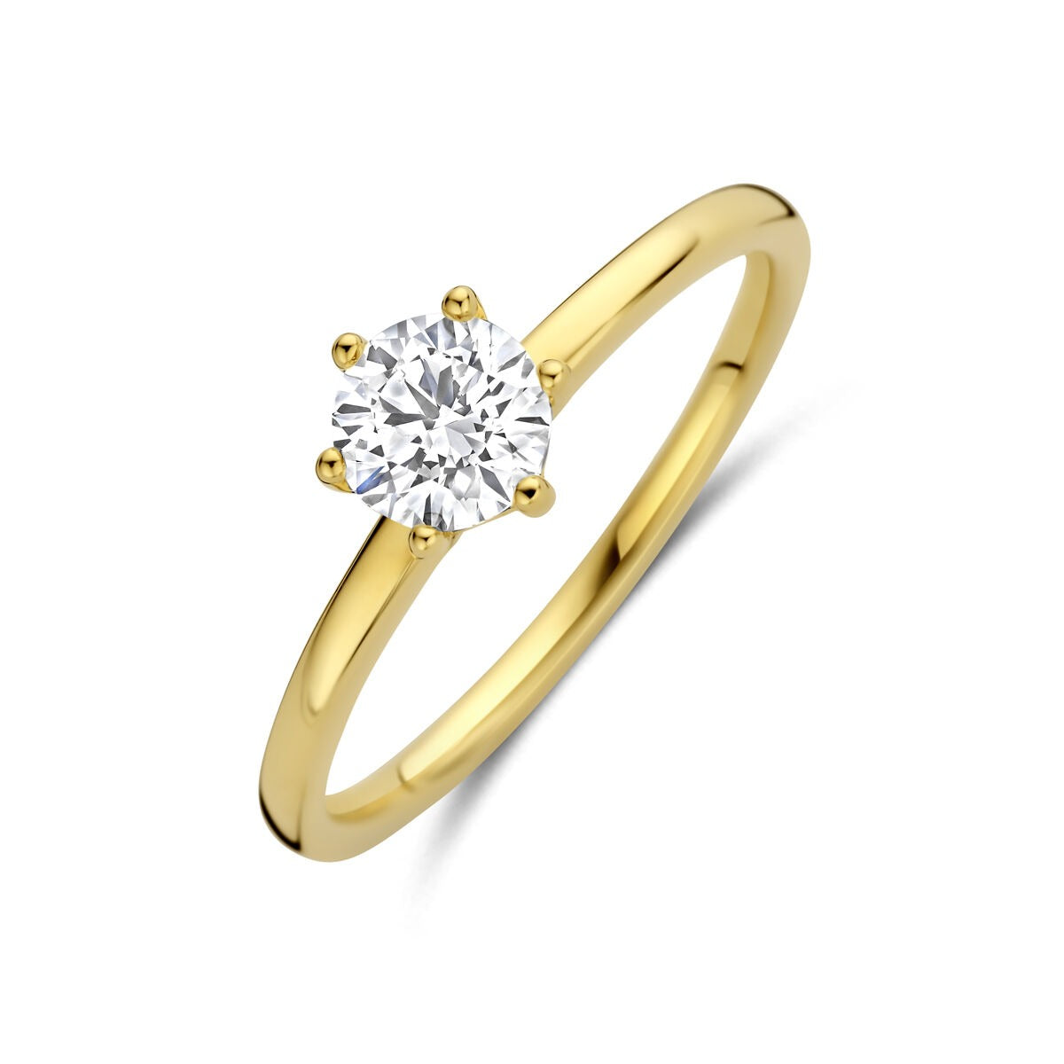 Bague en or jaune 14 carats avec un diamant lab-grown, serti de quatre griffes.