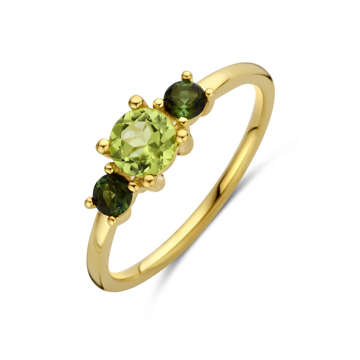 Bague en or jaune 14k avec péridot et tourmaline, ornée de trois pierres précieuses.