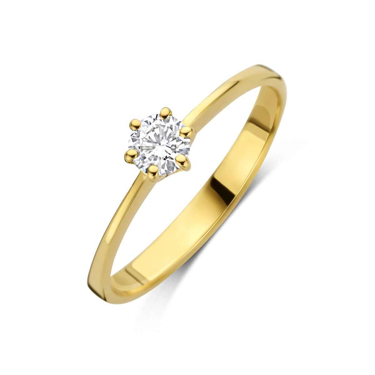 Bague en or jaune 14 carats avec un diamant cultivé en laboratoire, serti de six griffes.