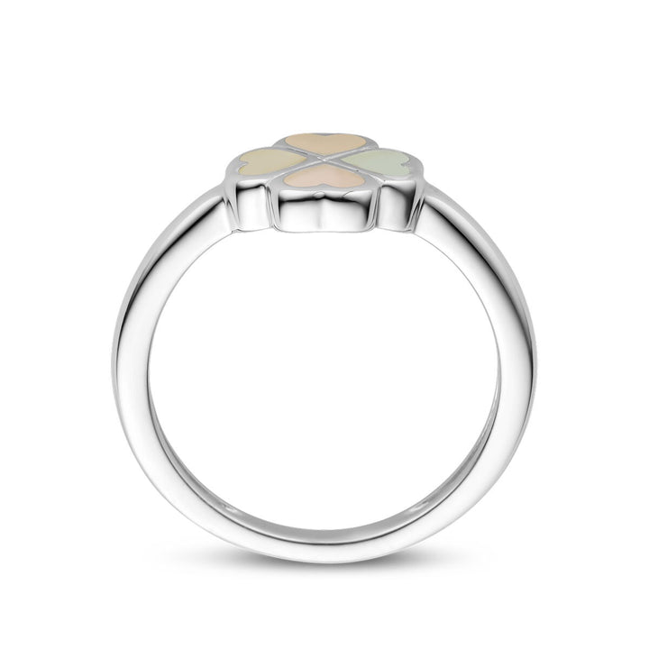 Zilveren kinder ring met roze en wit parelmoer klavertje – gerhodineerd 925 zilver