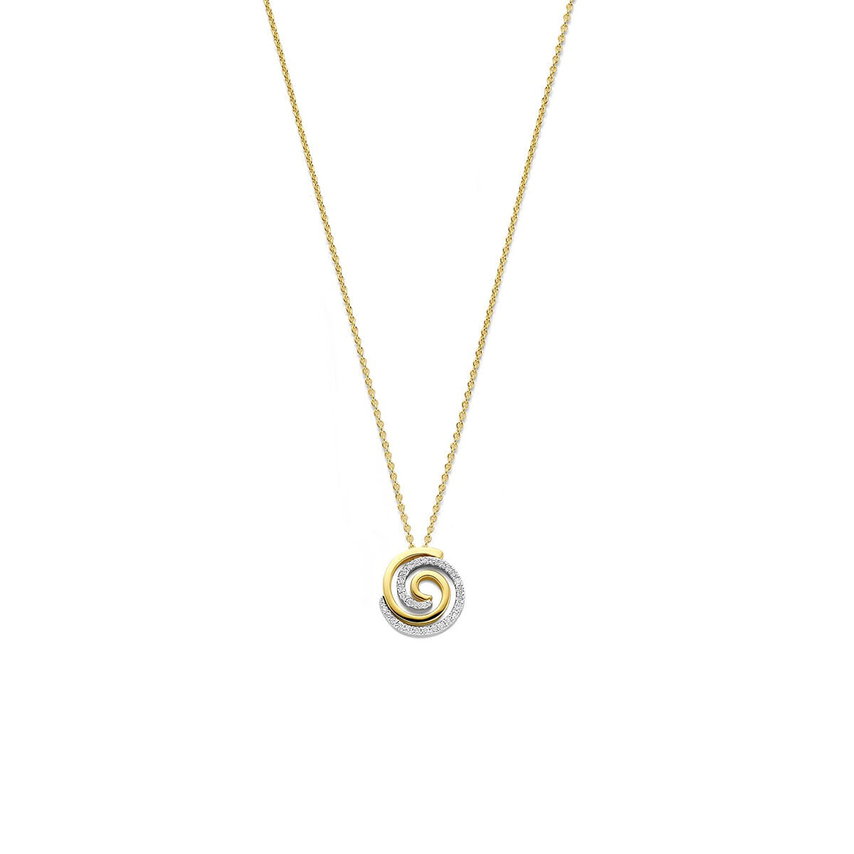 Collier bicolore en or 14 carats avec un pendentif en forme de spirale et diamant.