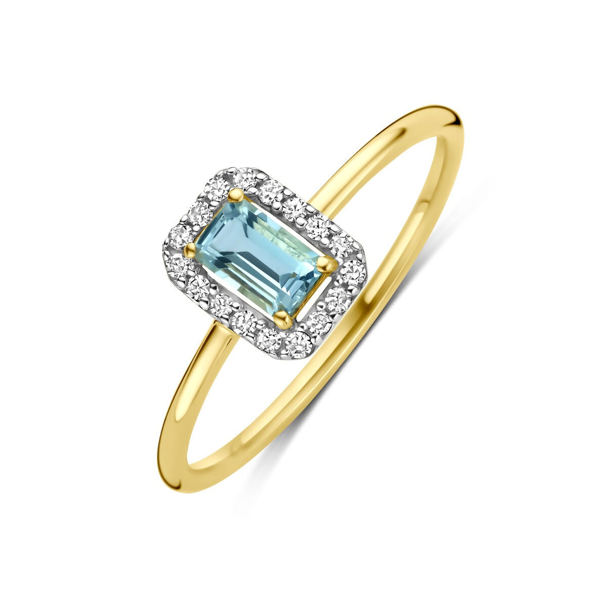 Bague en or jaune 14 carats avec un aquamarine rectangulaire et des diamants.