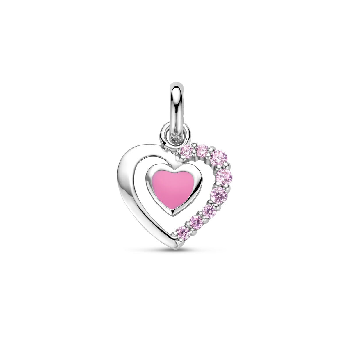 Pendentif en forme de cœur en argent avec émail rose et zircons, dimensions 11,5 x 10 mm.