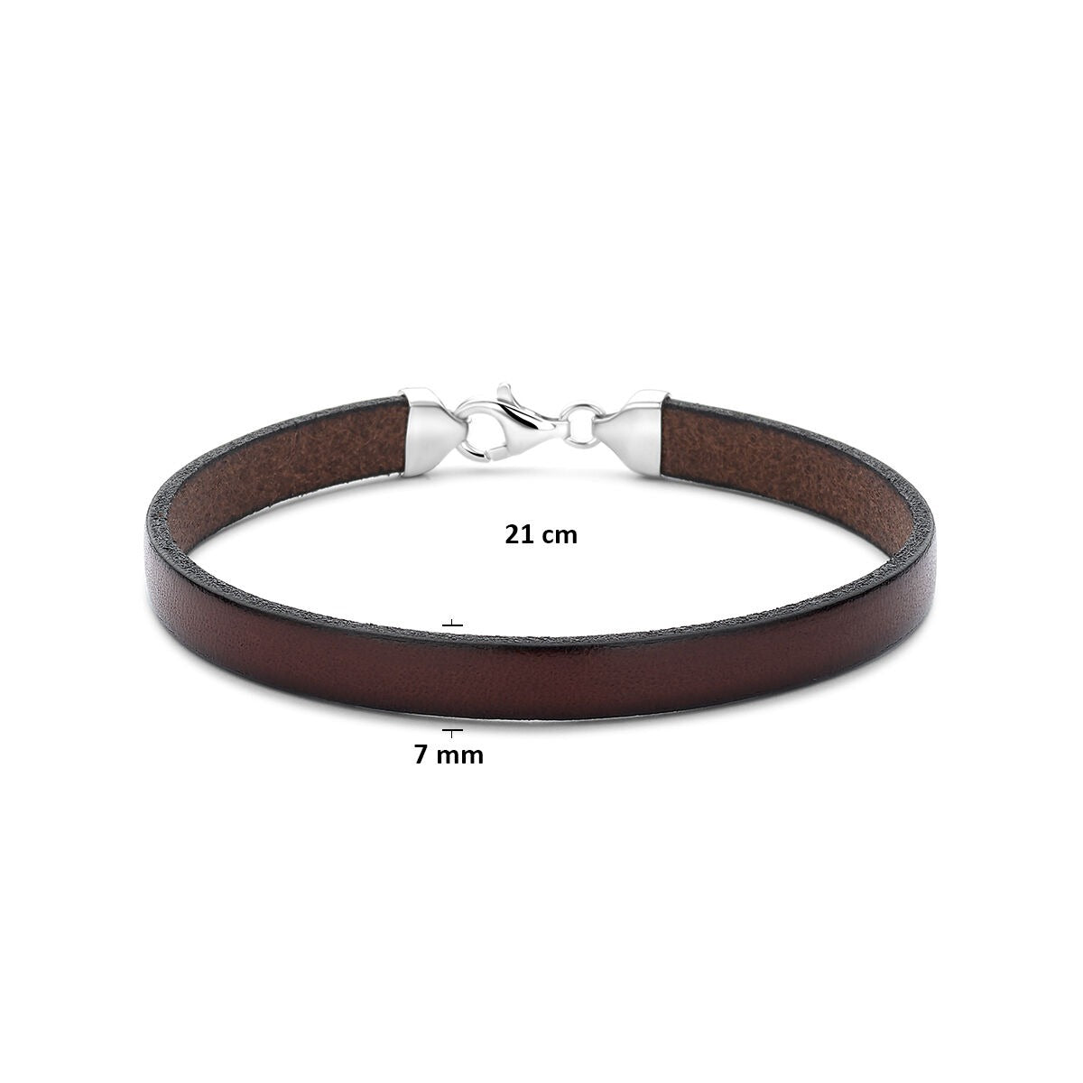bracelet en cuir brun 7 mm 21 cm argent rhodié avec caoutchouc/nylon/cuir