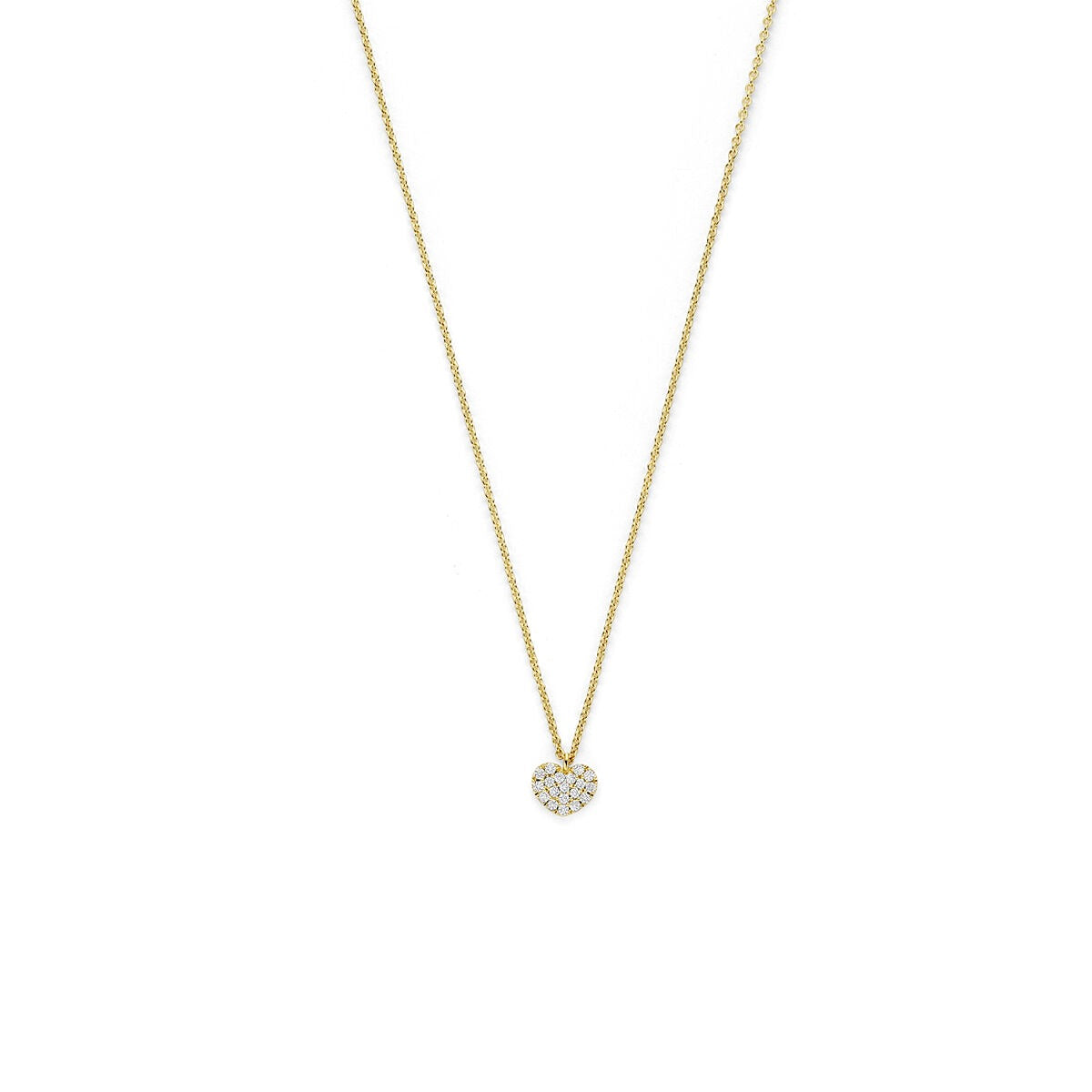 Collier en or jaune 14k avec pendentif en forme de cœur et diamant, symbole d'amour.