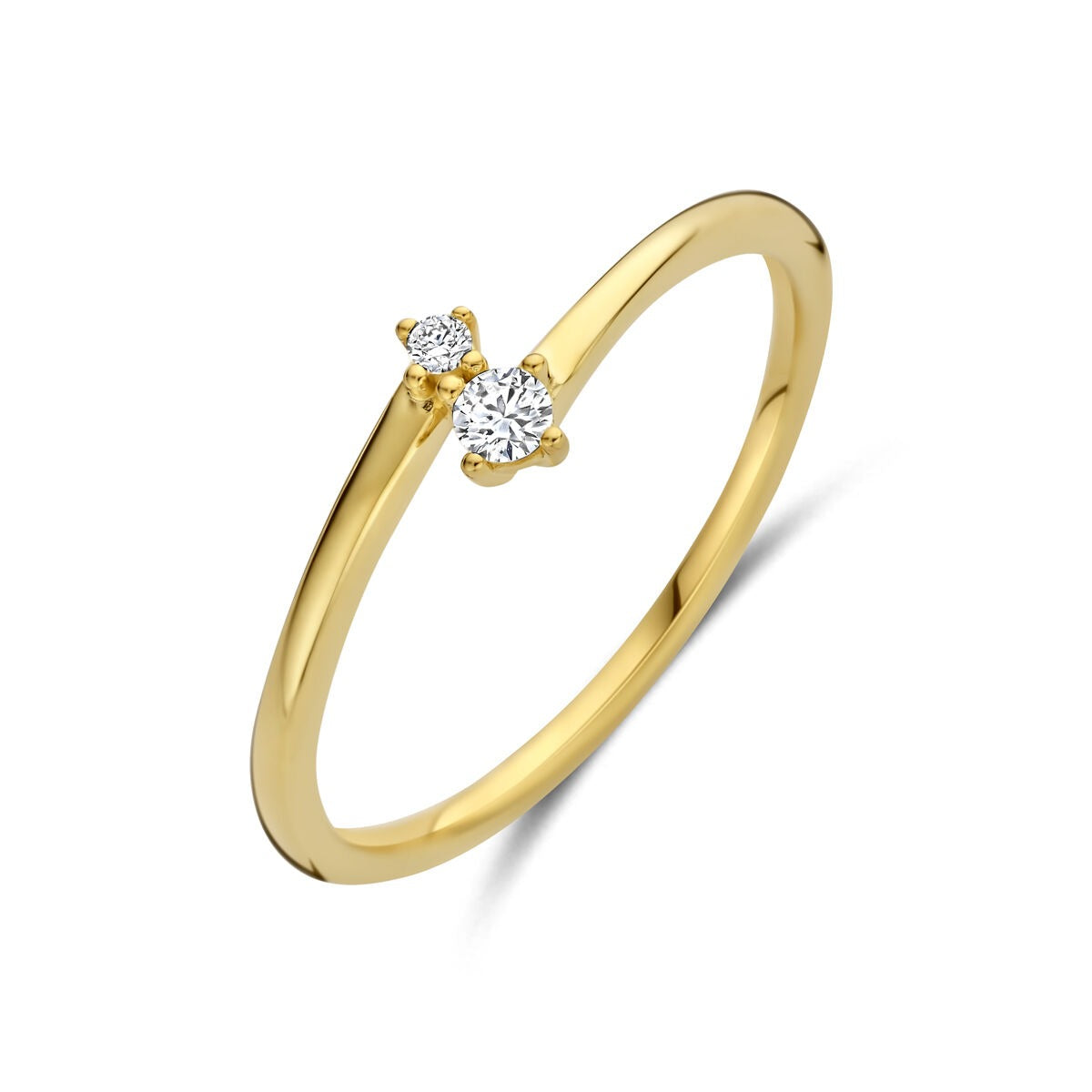 Bague en or jaune 14 carats avec deux diamants brillants.