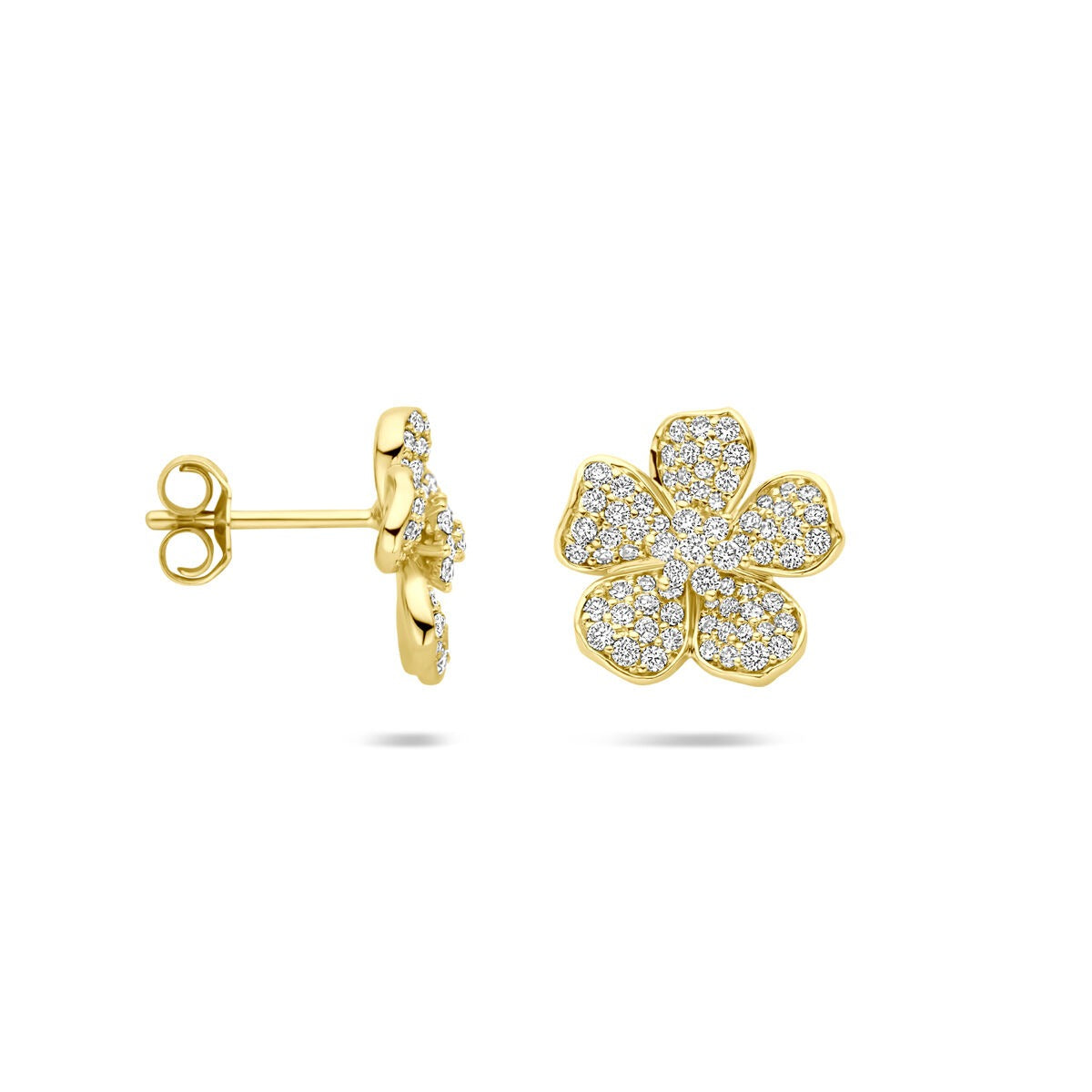 Puces d'oreilles en or jaune 14k avec diamant – forme de fleur, 0.70 ct
