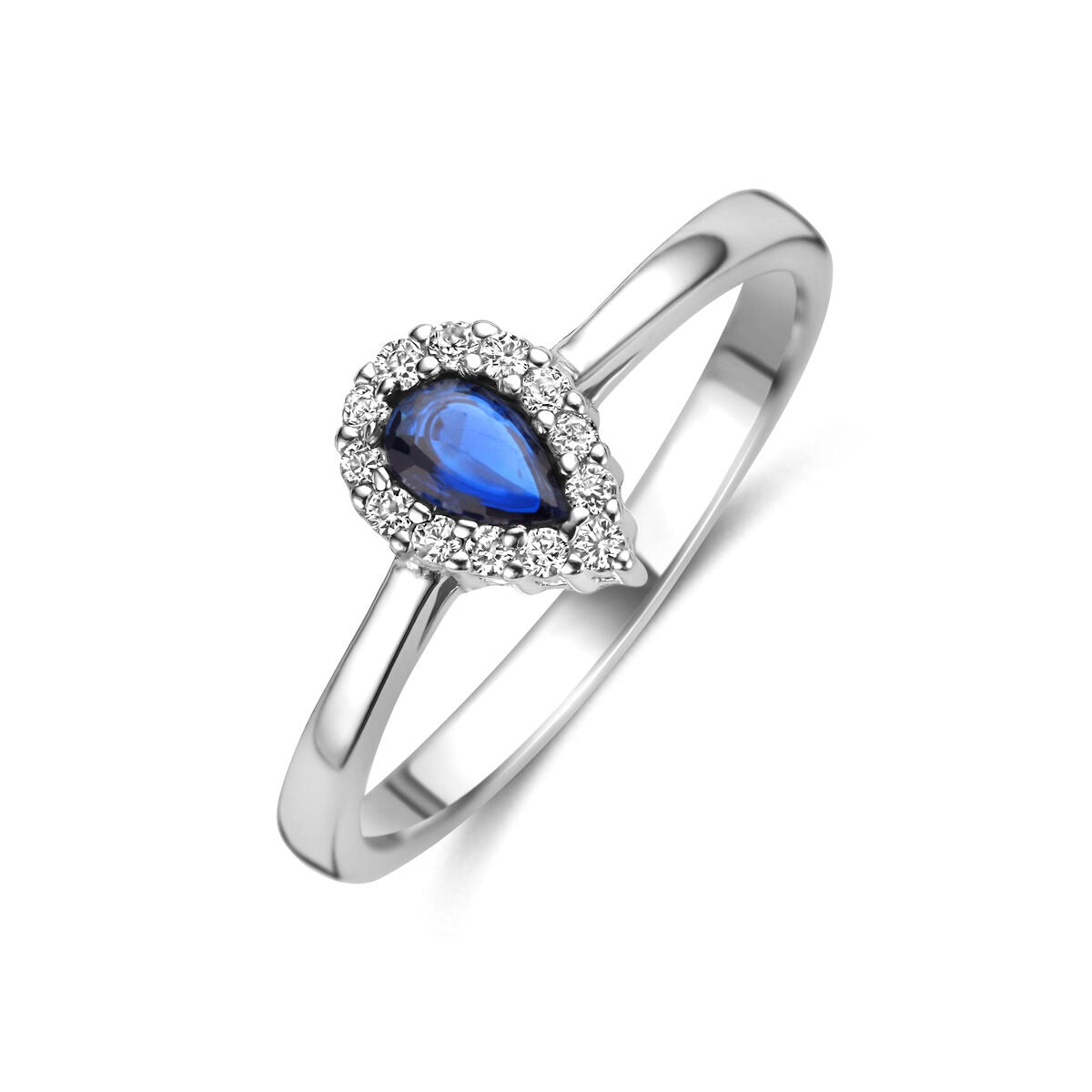 Bague en argent rhodié pour femme avec saphir en forme de poire et zirconiums.