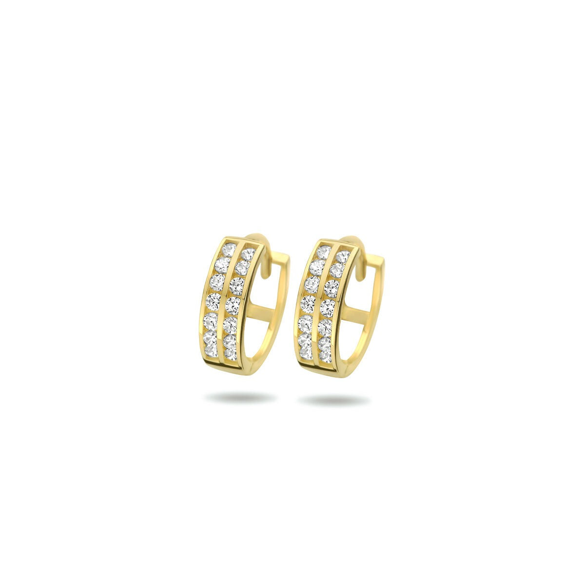 Boucles d'oreilles en or jaune 9 carats avec zircons, à double rangée.
