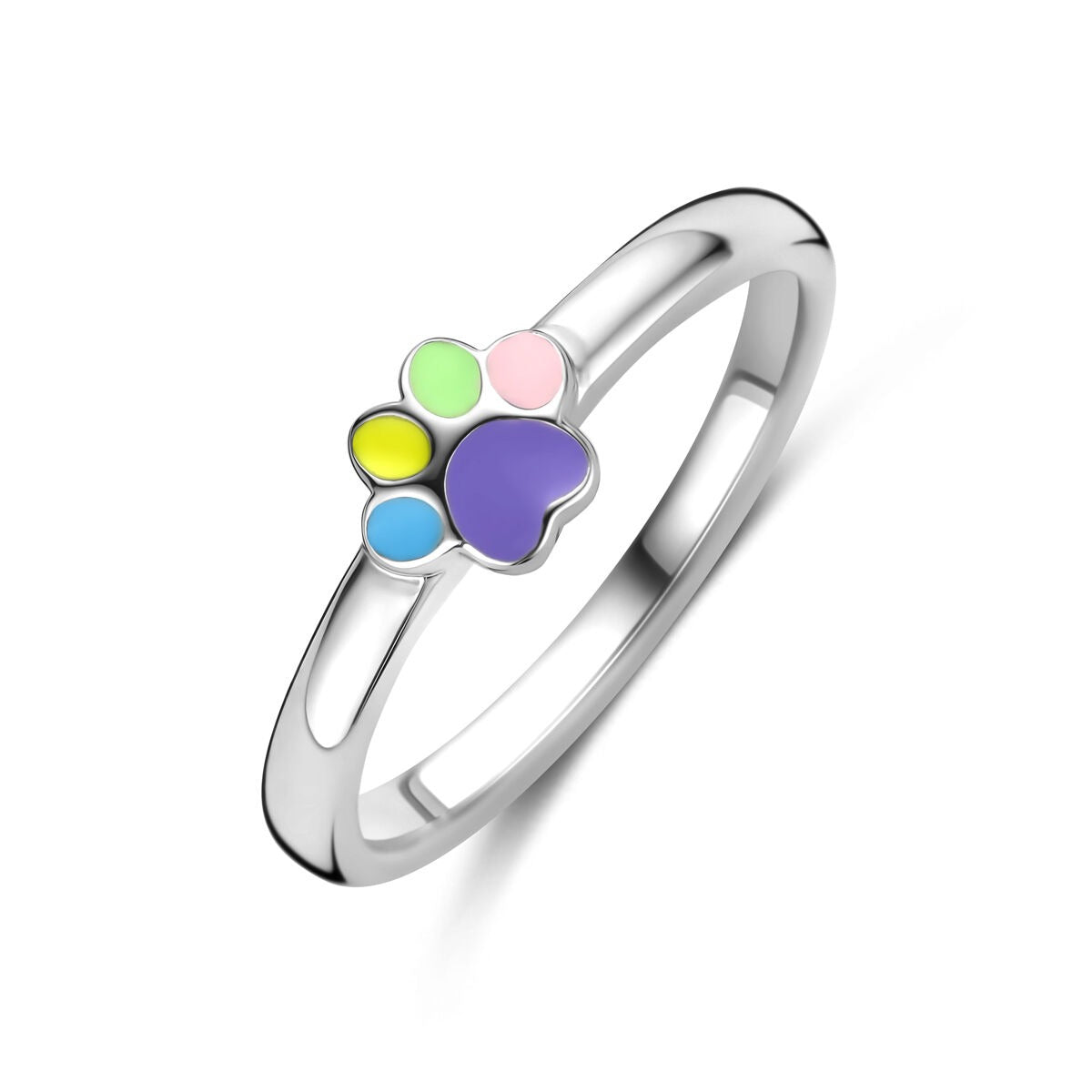 Bague en argent rhodié avec motif de patte de chien en émail multicolore.