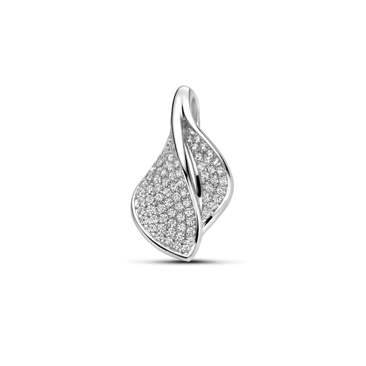 Pendentif en argent rhodié avec zircons, en forme de feuille stylisée.