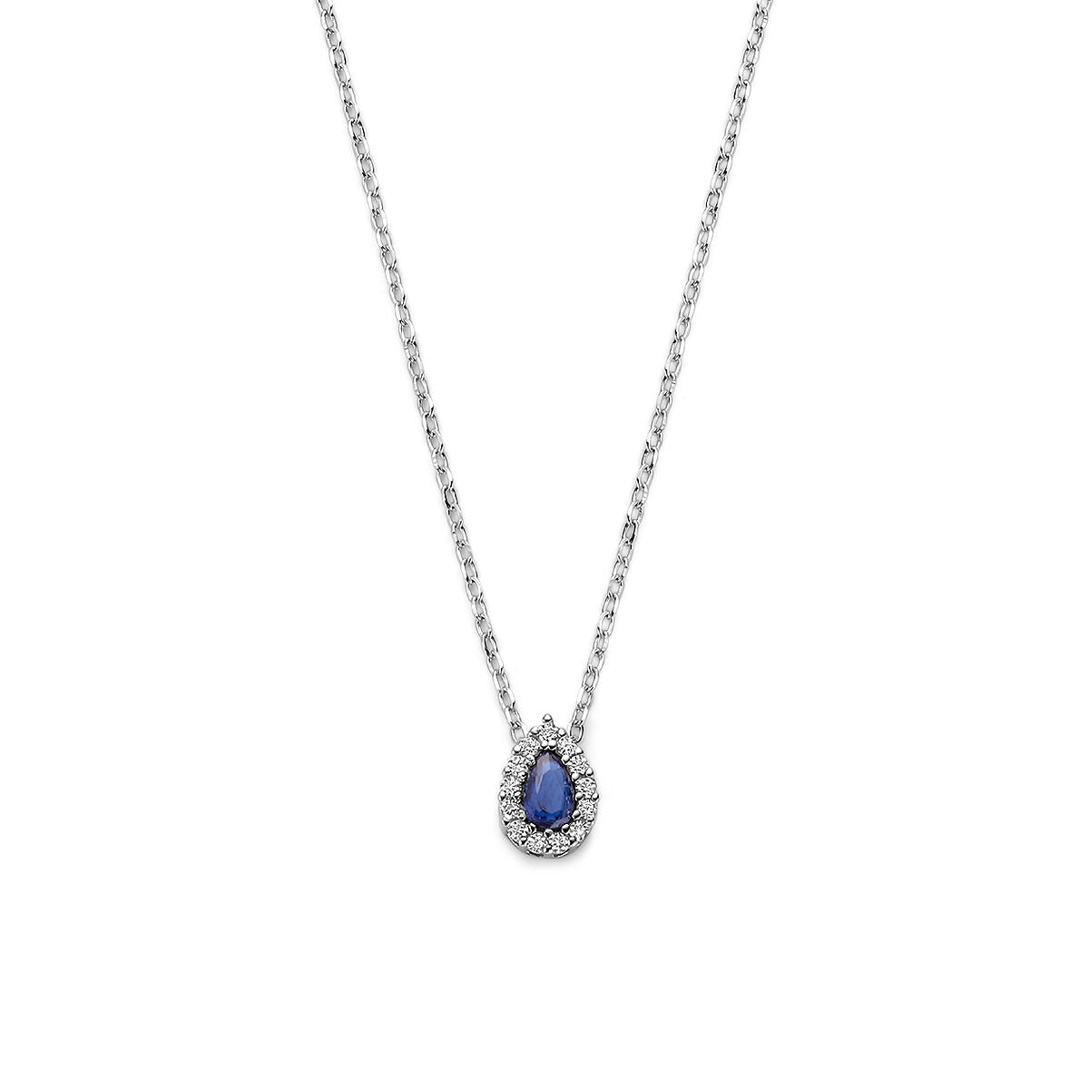 Collier en argent rhodié 925 avec un pendentif en saphir en forme de poire entouré de zirconia.