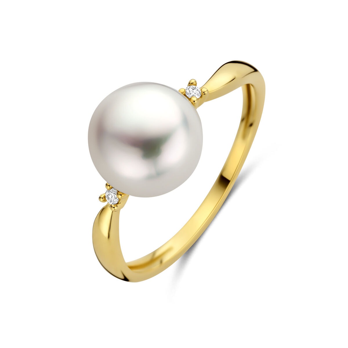 Bague en or jaune 14 carats avec une perle et des diamants.