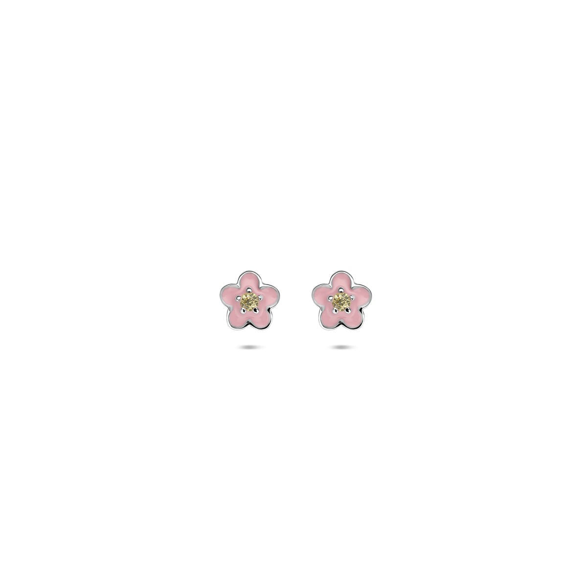 Boucles d'oreilles en argent avec une fleur en émail rose et zirconia jaune, diamètre de 5 mm.