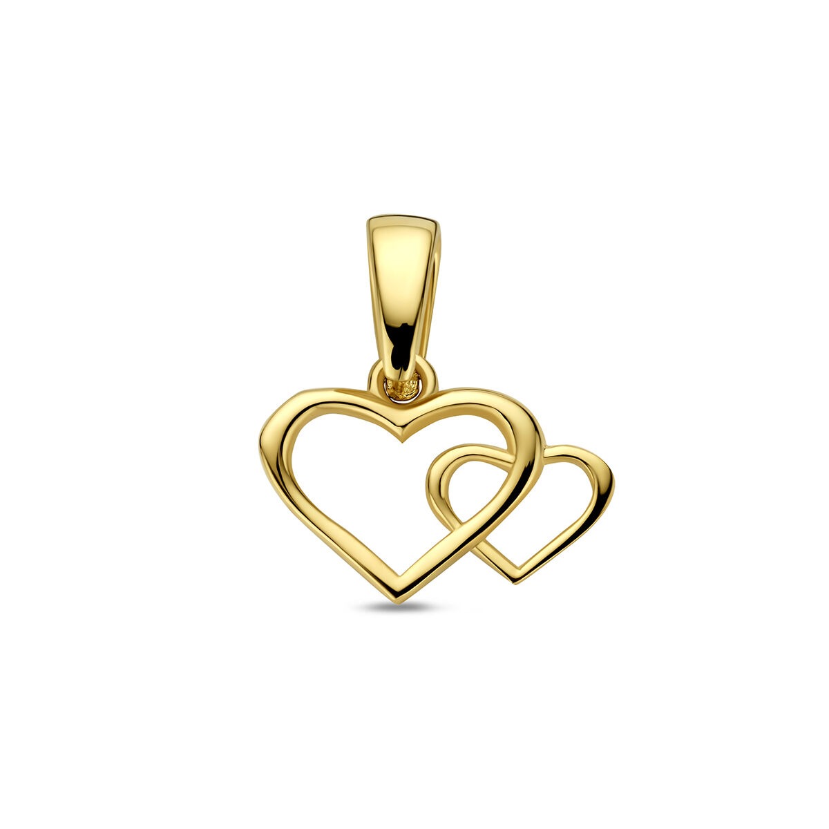 Pendentif en or jaune 14 carats avec deux cœurs entrelacés.