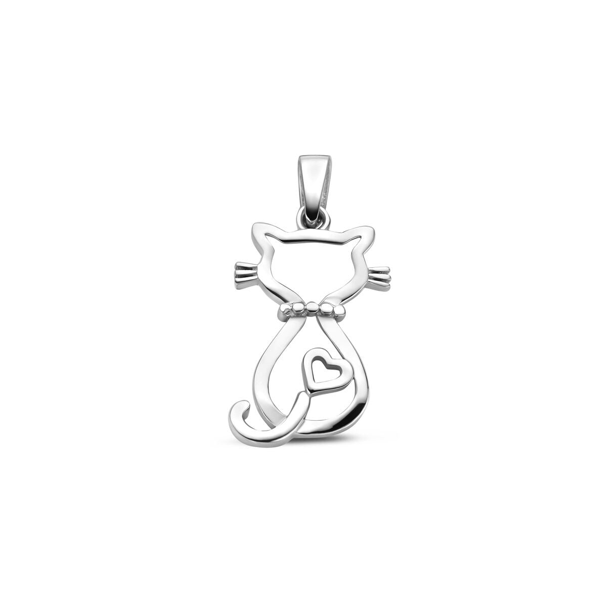pendentif en argent rhodié en forme de chat avec un cœur.