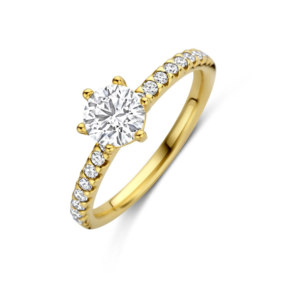 Bague en or jaune 14 carats avec diamant lab grown, ornée de petits diamants sur l'anneau.