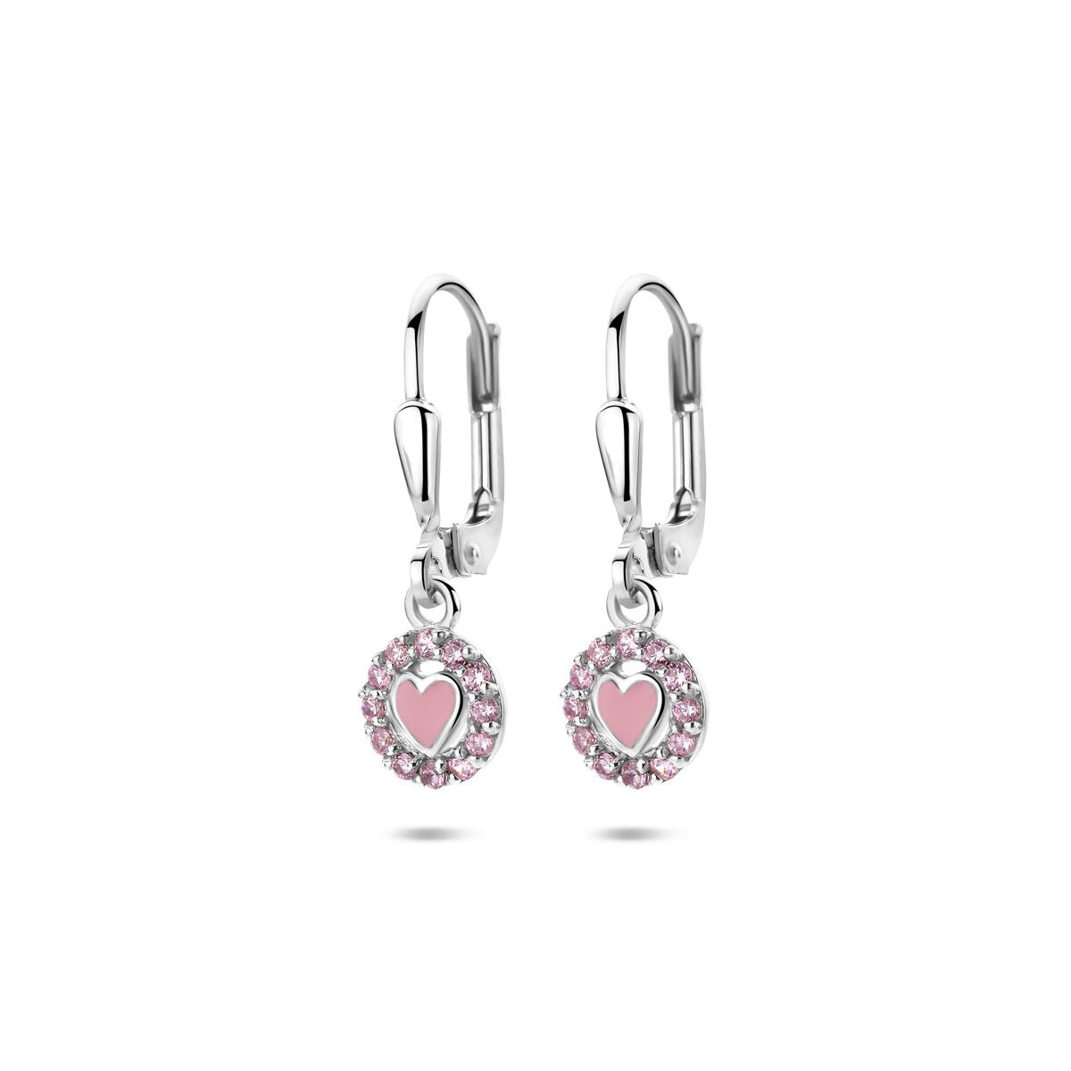 Boucles d'oreilles en argent avec un cœur en émail rose et zirconia, d'une longueur de 21 mm.