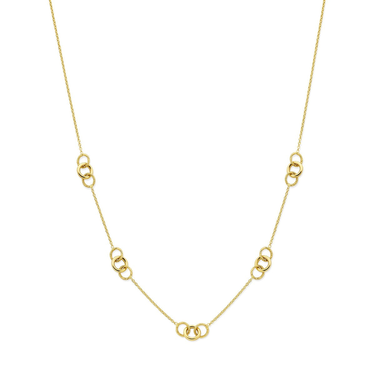 Collier en or jaune 14 carats avec des cercles entrelacés.