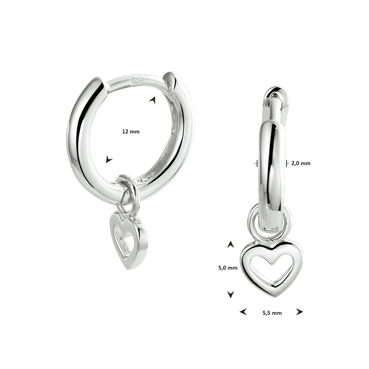 Boucles d'oreilles en argent pour enfant avec pendentif en forme de cœur