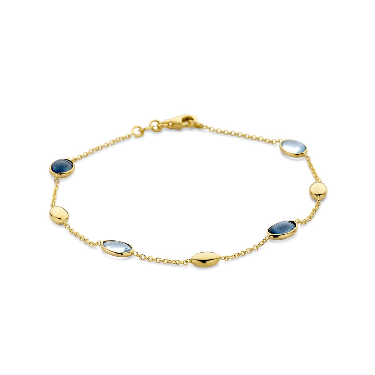 Bracelet en or jaune 14 carats avec topazes bleu ciel et bleu Londres.