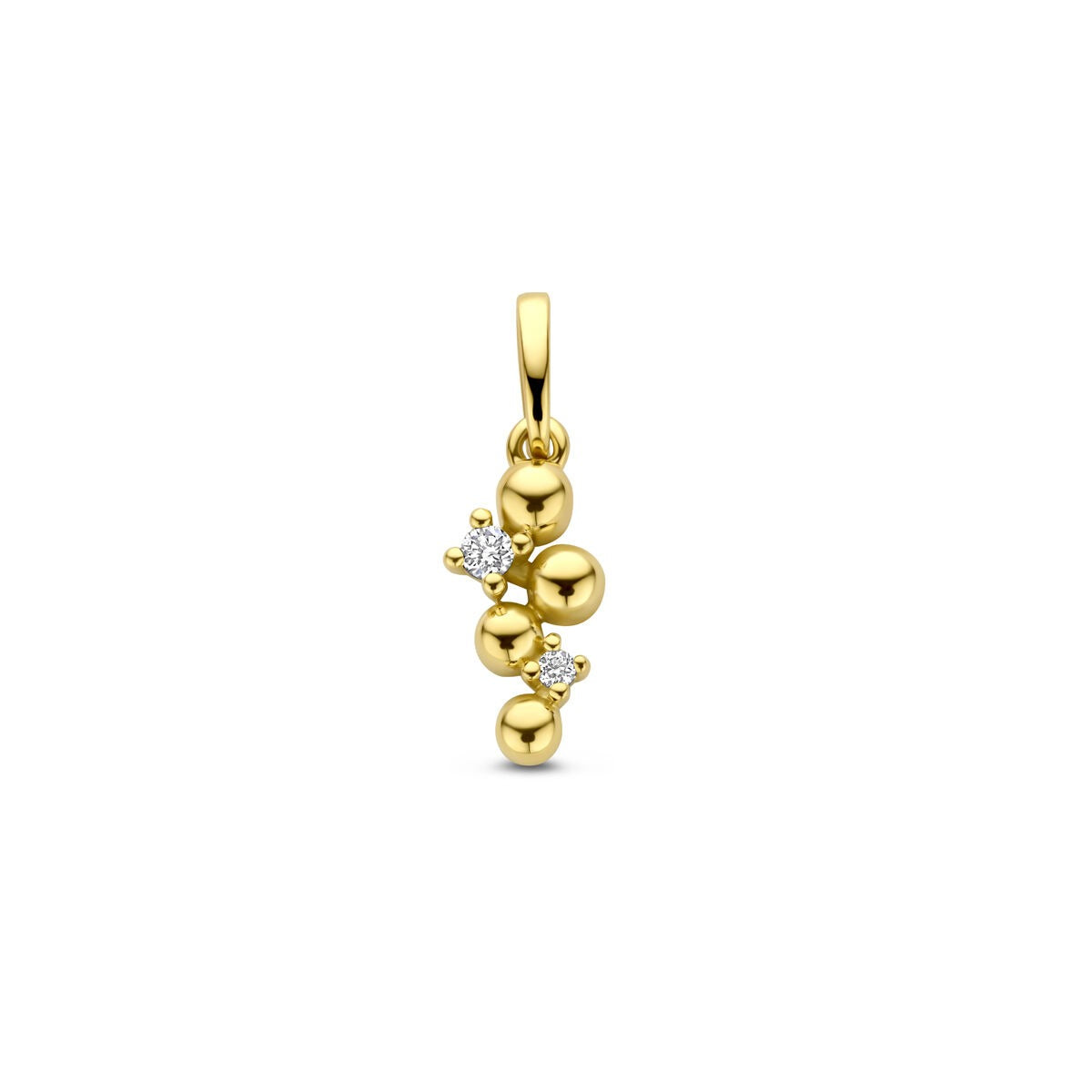 Pendentif en or jaune 14 carats avec des diamants et des perles dorées.