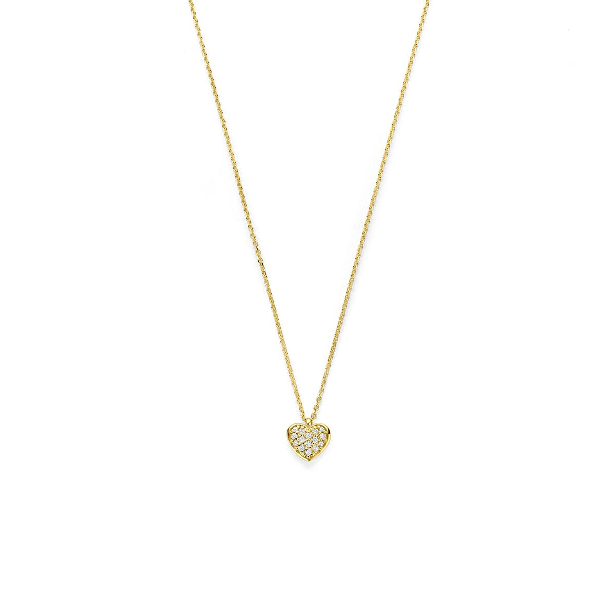 Collier en or jaune 14 carats avec pendentif en forme de cœur orné de diamants.