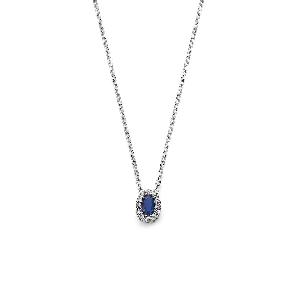 Collier en argent rhodié 925 avec un pendentif ovale en saphir entouré de zirconiums.