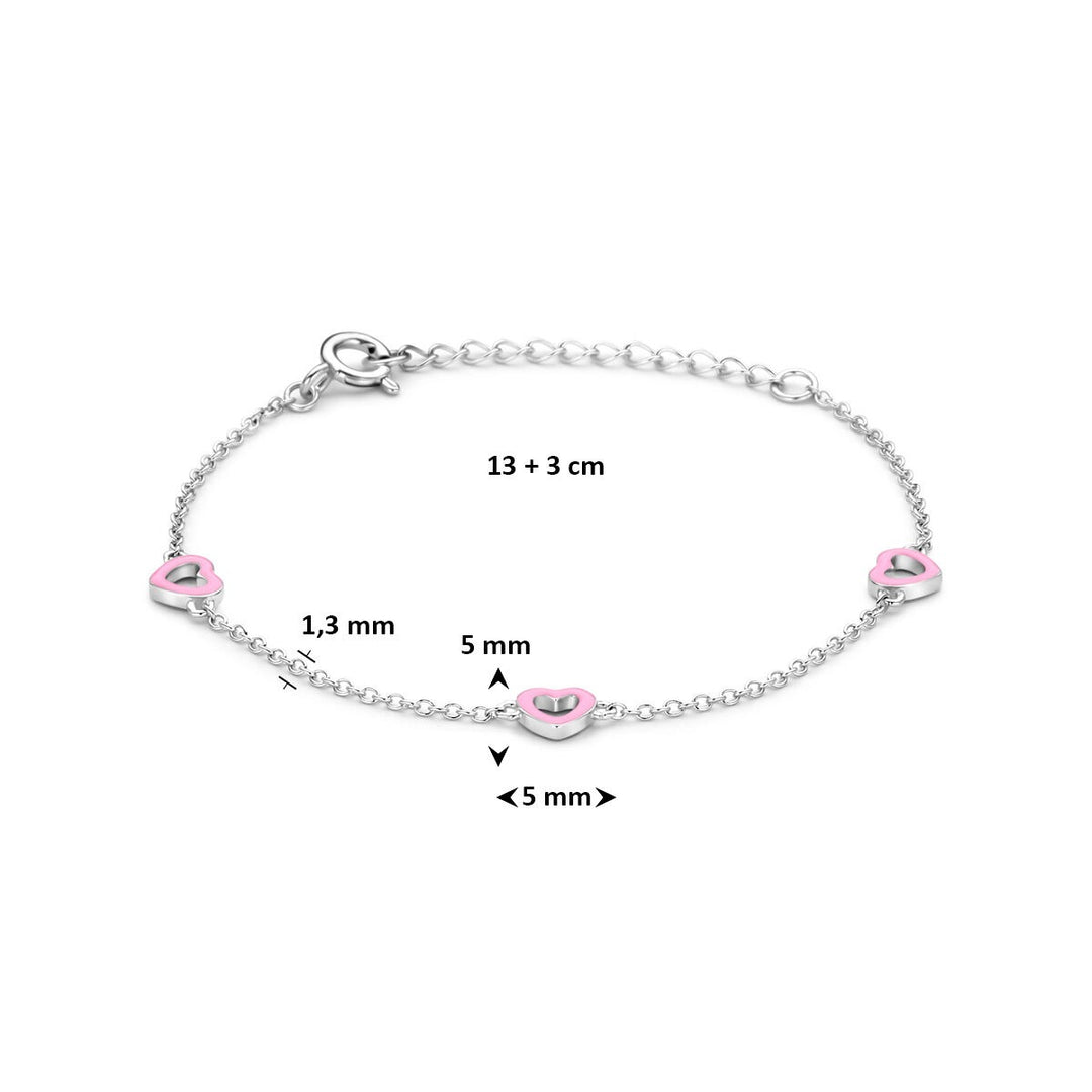 Gerhodineerd zilveren kinderarmband met roze hartjes