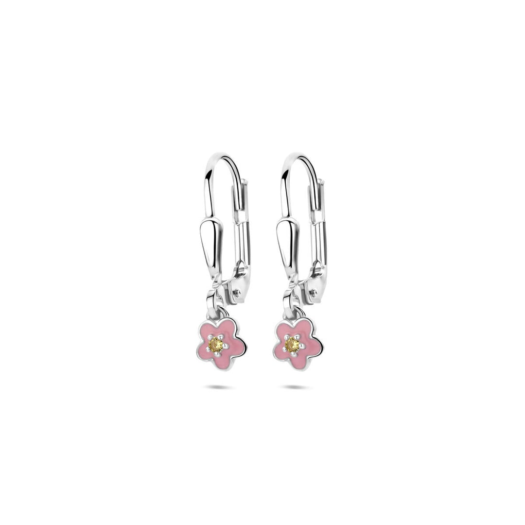 Zilveren oorhangers met emaille bloem en gele zirkonia – 19 mm