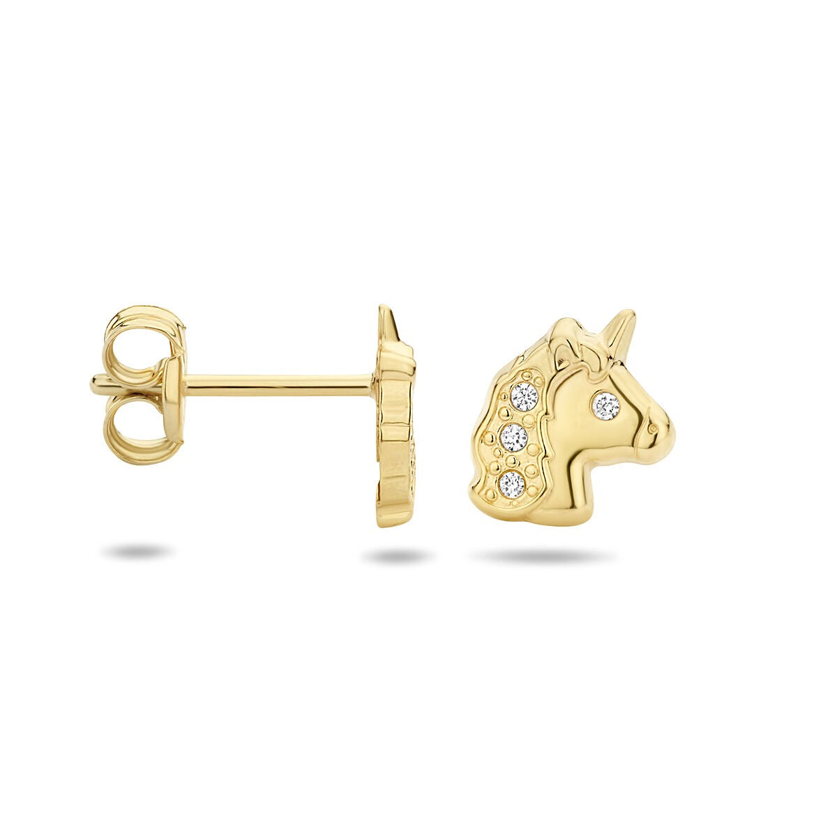 Puces d'oreilles pour enfant en or jaune 14k avec zircone – détail animalier