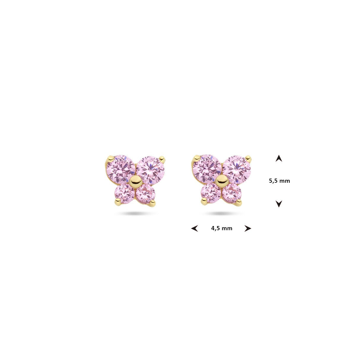 puces d'oreilles en or jaune 14k papillon avec zircone rose