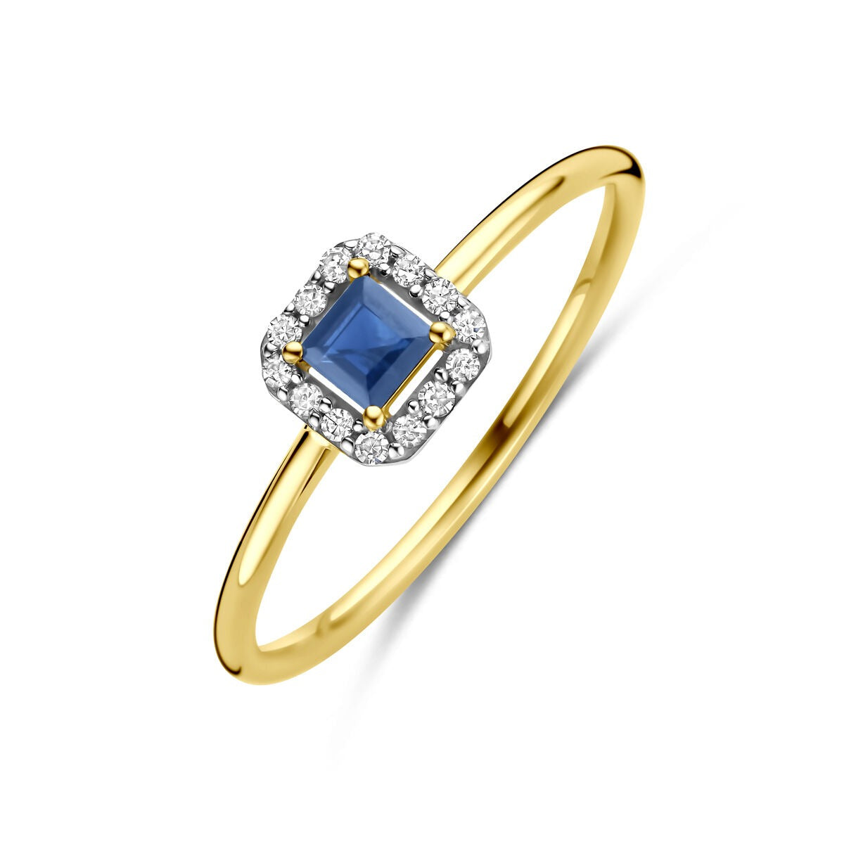 Bague en or 14 carats avec saphir central et diamants entourants.