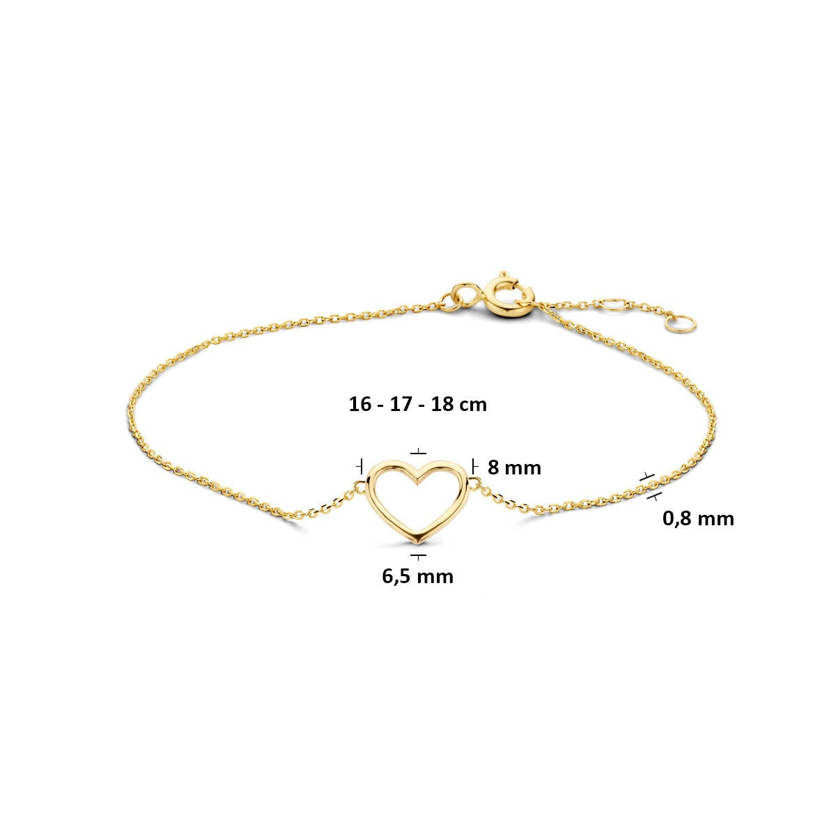 Bracelet en or jaune 9k avec cœur – 16-18 cm