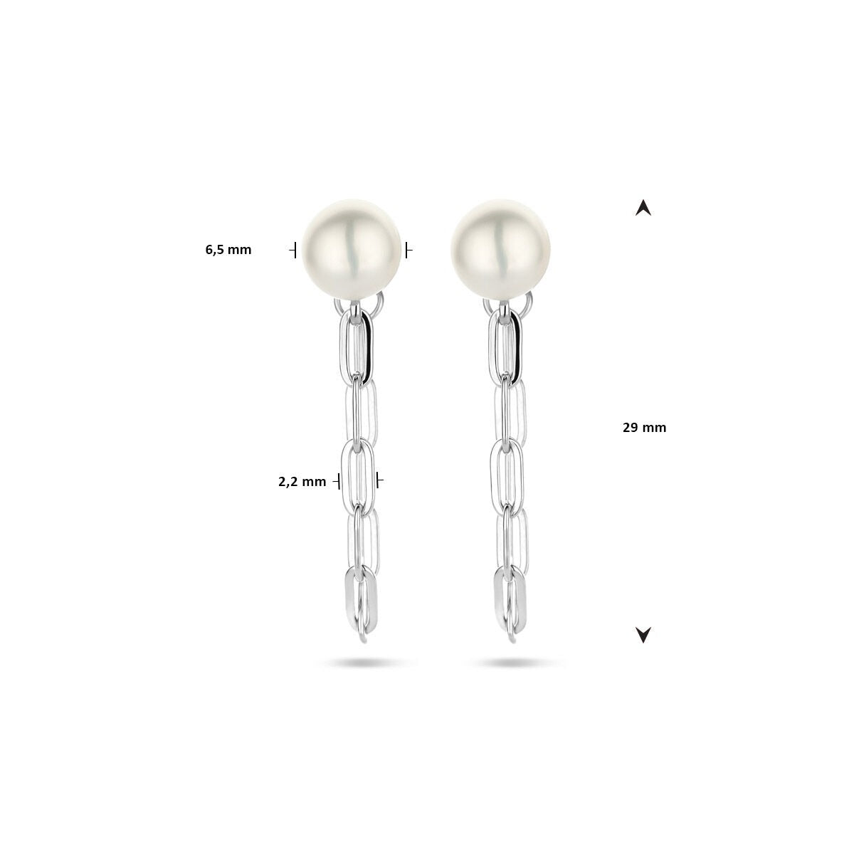 Boucles d'oreilles en argent rhodié avec perles de 6,5 mm et chaînes de 29 mm.
