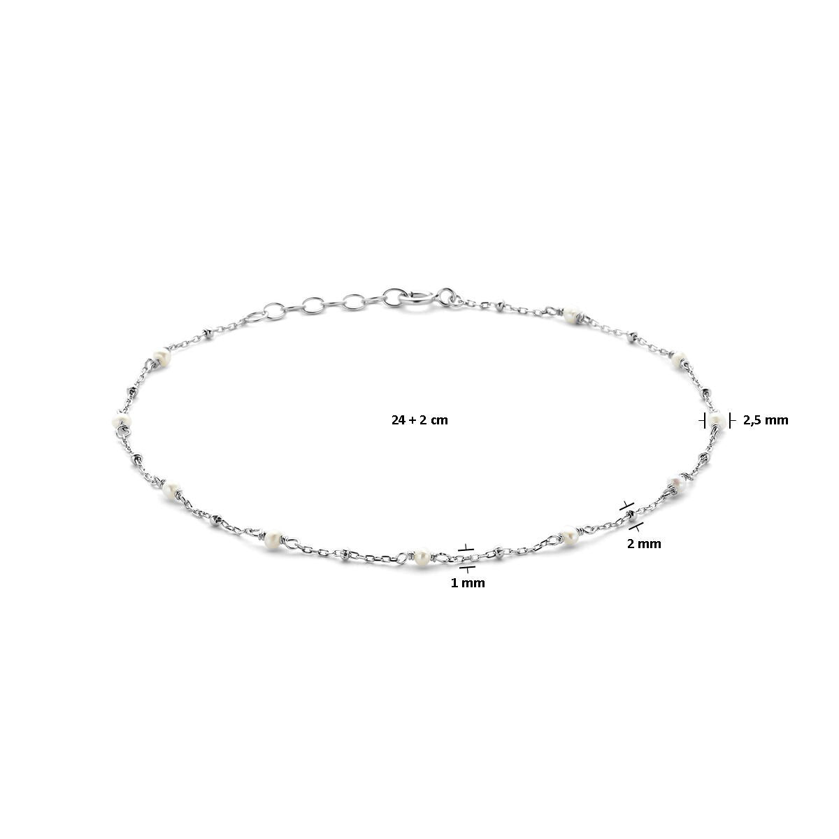 Bracelet de cheville en argent avec perle blanche – rhodié argent 925, 24–26 cm