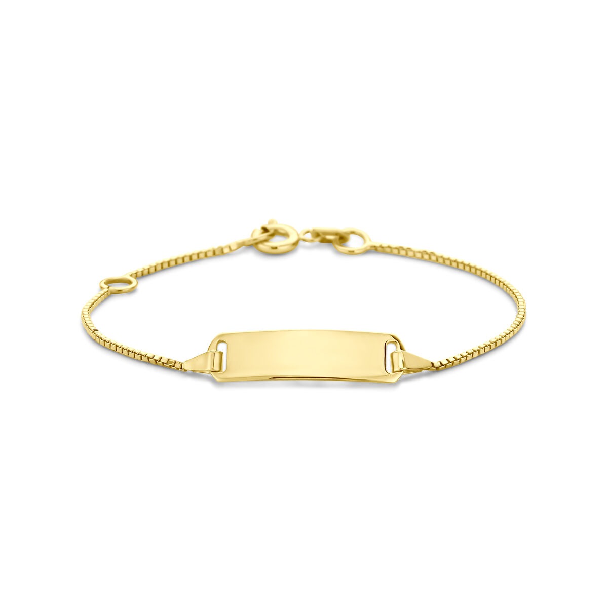 Bracelet en or jaune 14 carats avec plaque gravable, finition lisse et chaîne délicate.