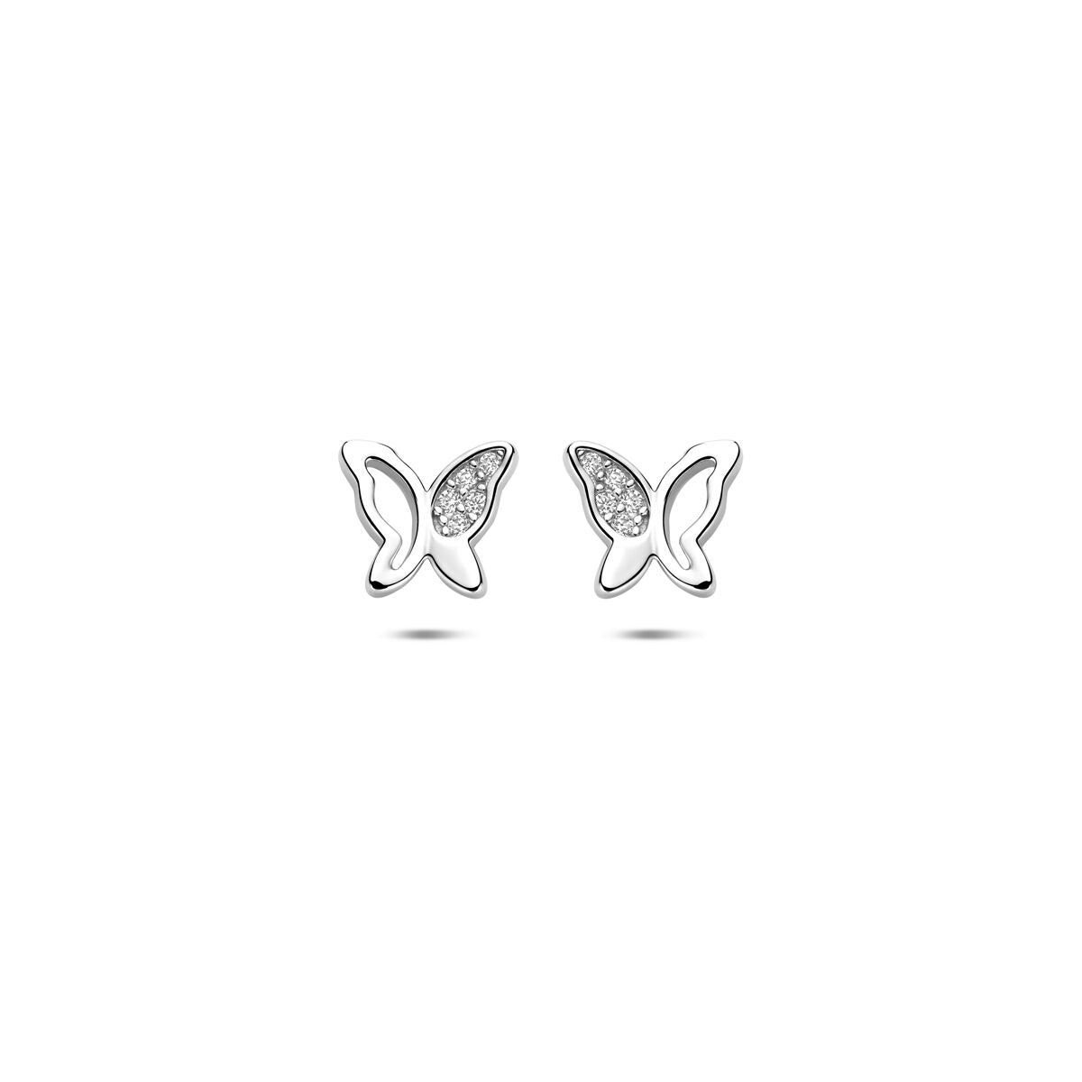 Boucles d'oreilles en argent en forme de papillon avec zirconia, mesurant 6,5 x 7,5 mm.