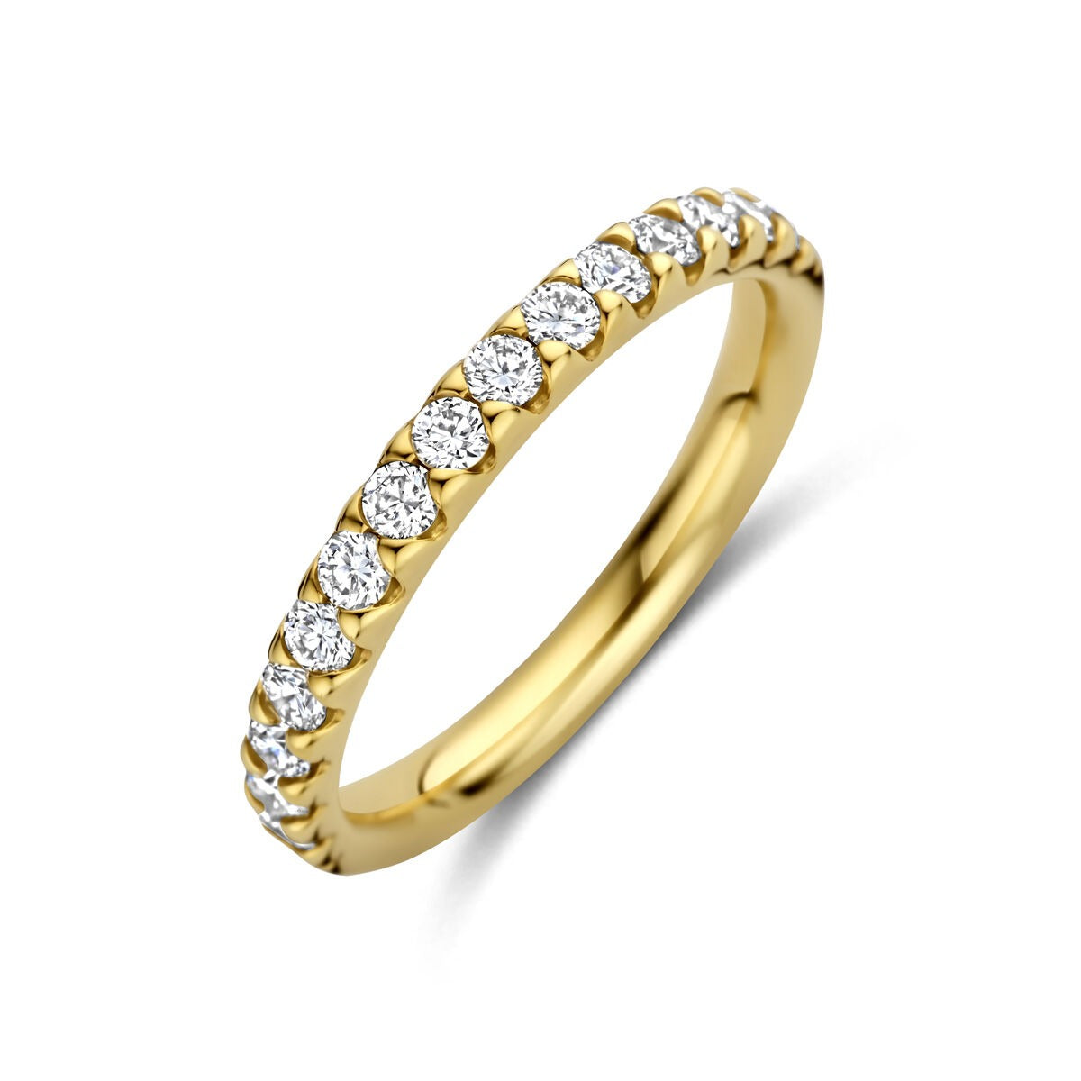 Bague en or jaune 14 carats ornée de diamants lab grown, avec un design délicat.