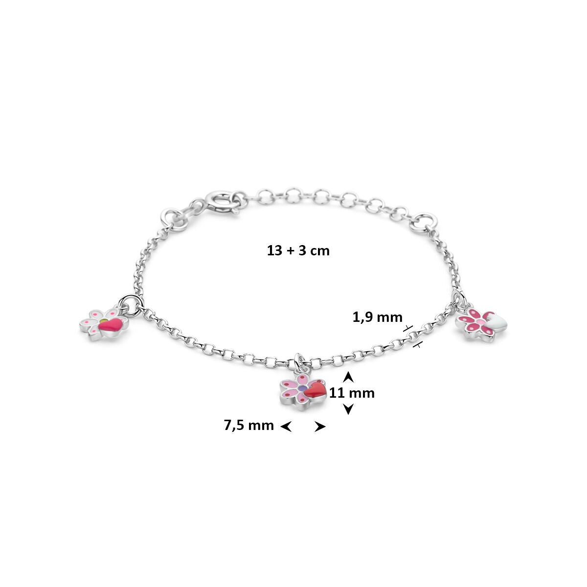 Bracelet en argent 925 rhodié avec fleurs émaillées