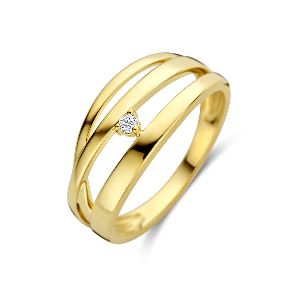 Bague en or jaune 14 carats avec un diamant, design moderne à trois bandes.