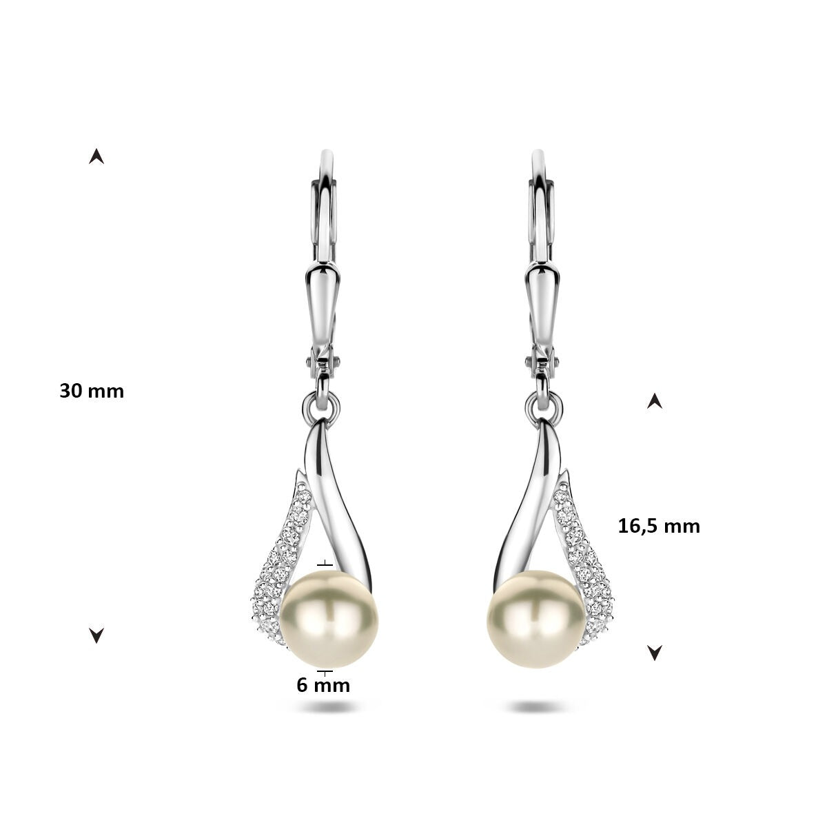 Boucles d'oreilles en argent avec perle et zircone – rhodié argent 30 mm