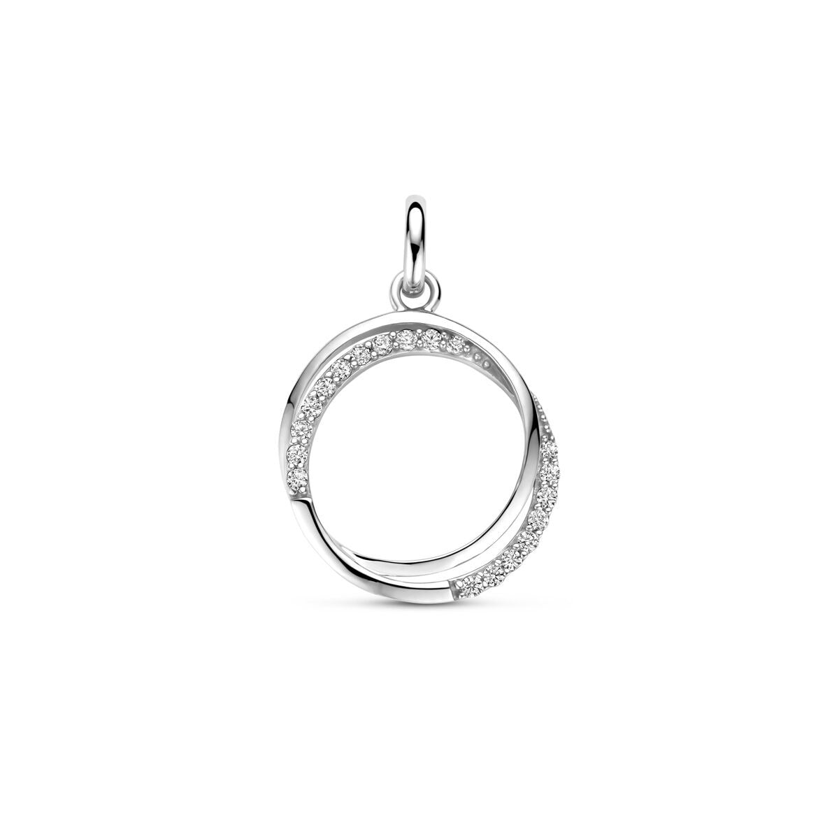Pendentif en argent rhodié 925 avec entourage en zirconium, forme circulaire.