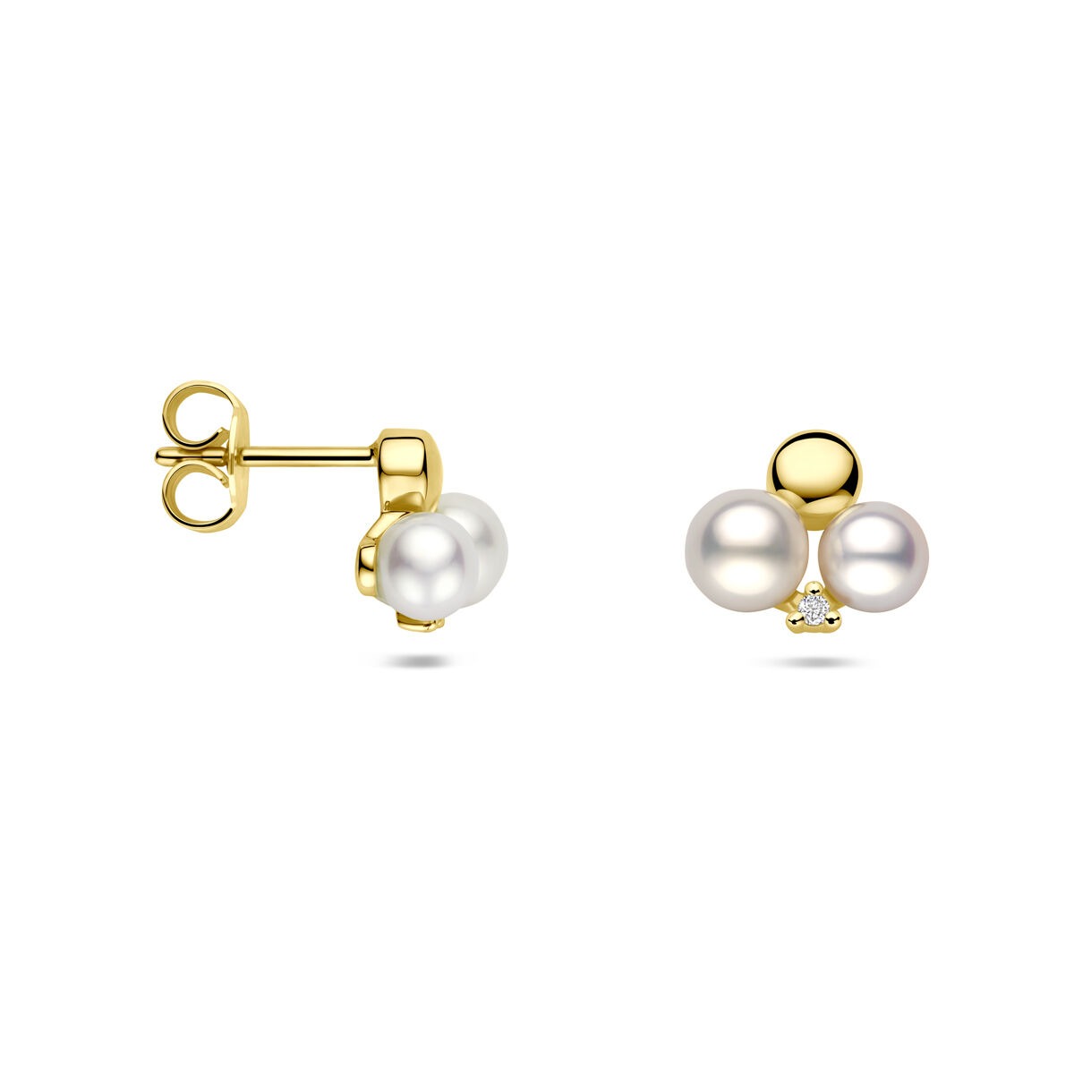 Boucles d'oreilles en or avec perle et diamant – puces d'oreilles 14k pour femme 0.02ct (2x 0.01ct) h si 9 mm