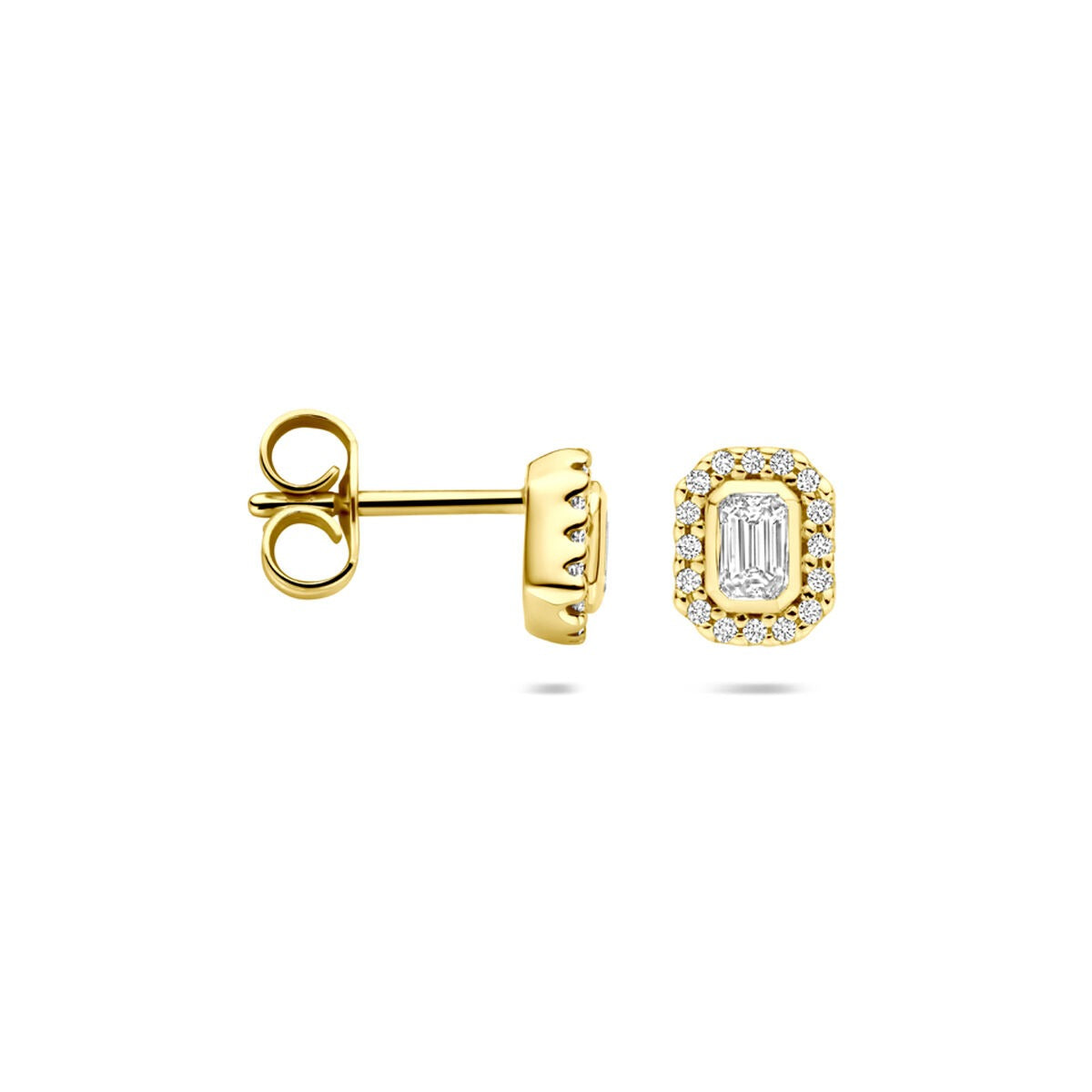 puces d'oreilles en or jaune 14k avec diamant taillé en émeraude