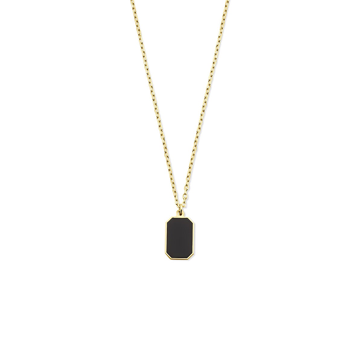 Collier en or jaune 14 carats avec pendentif en onyx noir, forme rectangulaire.